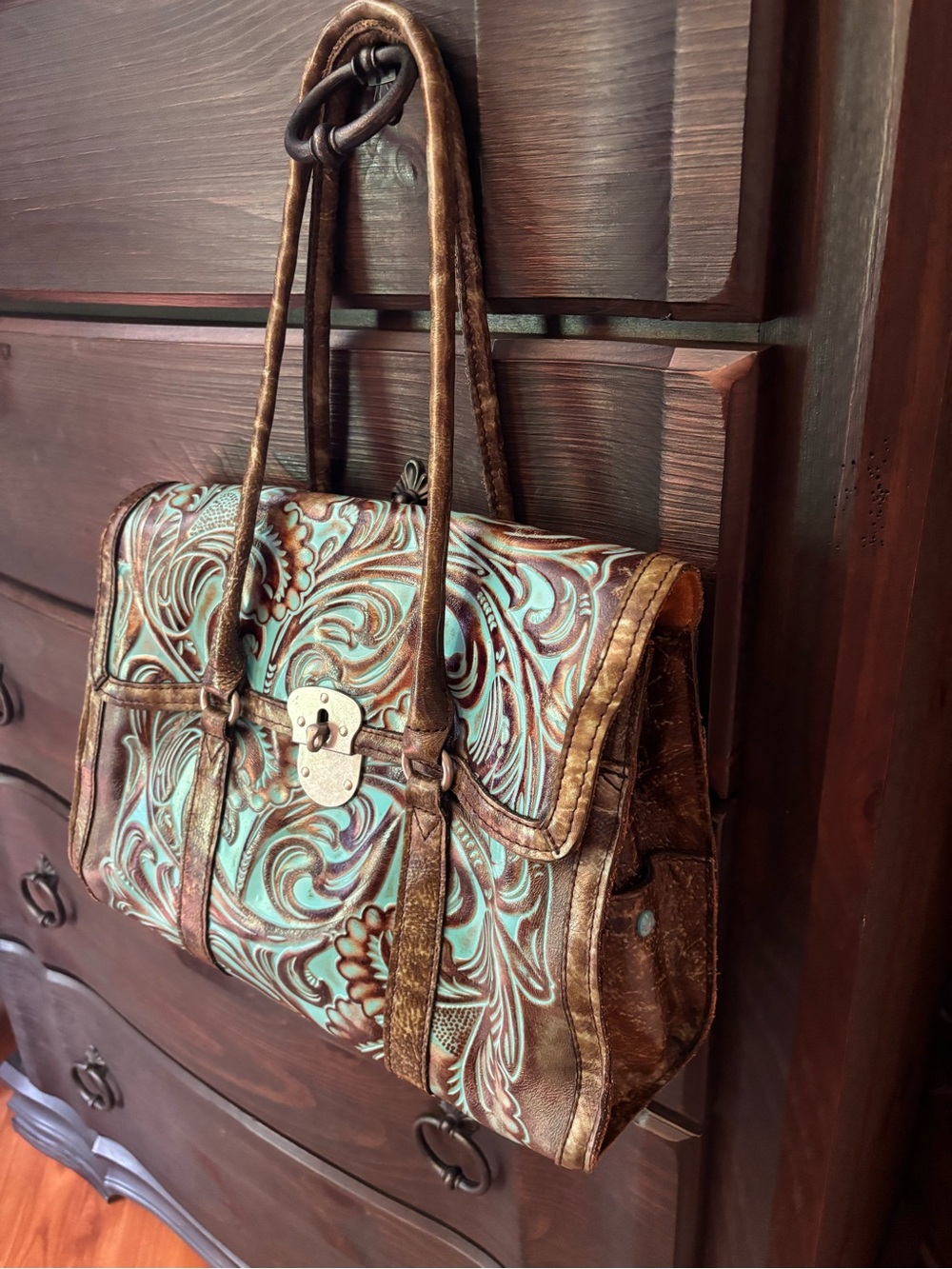 Patricia Nash Italian Leather Vienna Satchel, Tooled Turquoise, Like New Purse - Picture 3 of 16